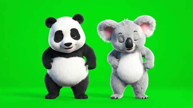 Cartoon panda and koala characters dancing together on green screen