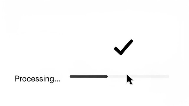 Graphical depiction of processing loading status reaching completion with checkmark