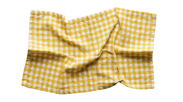 Wrinkled yellow and white checkered kitchen towel, gingham cloth napkin on a transparent background.
