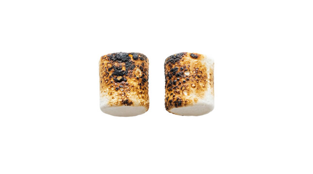 wo roasted marshmallows with burnt and charred sides, summer campfire treat on a transparent background.