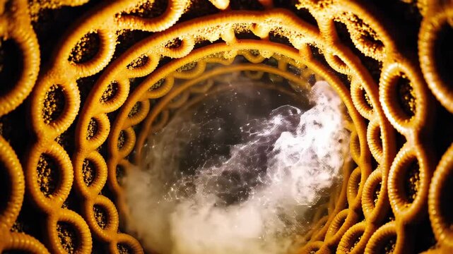 Deep sea hydrothermal vent releasing warm, swirling bubbles into cold ocean water creating steam effect with mixed lighting tones and slow continuous