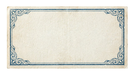 Vintage blank paper card with an ornate decorative blue frame, old retro label on a transparent background. © Vitalo4ok
