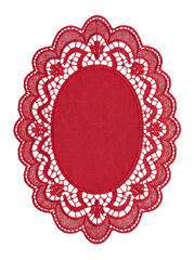 Red oval lace doily with intricate floral crochet pattern, decorative textile frame on a transparent background. © Vitalo4ok