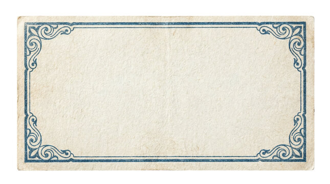 Vintage blank paper card with an ornate decorative blue frame, old retro label on a transparent background.