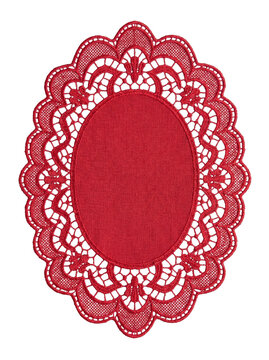Red oval lace doily with intricate floral crochet pattern, decorative textile frame on a transparent background.