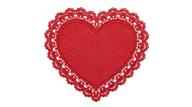 Red heart shaped lace doily with intricate crochet pattern, romantic textile ornament on a transparent background.