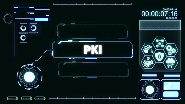 Futuristic P K I Interface with Glowing Blue Neon and Cyber Security on Dark Background for Technology and Data Protection Concepts