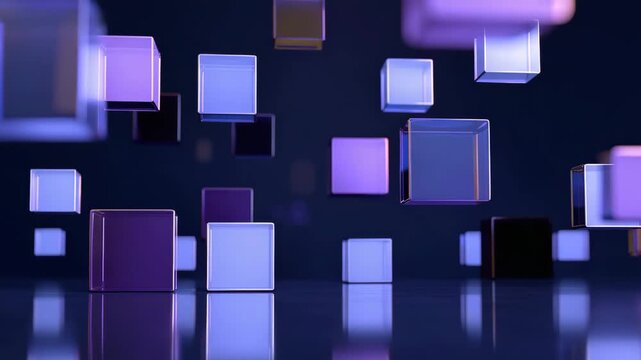 Abstract geometric cubes floating in dark space with purple and blue lighting and reflections digital art background technology concept