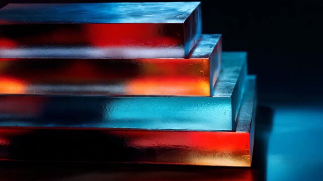 Abstract geometric stacked translucent blocks glowing with vibrant red and blue light creating a futuristic and modern aesthetic with subtle textures and deep shadows perfect for technology science