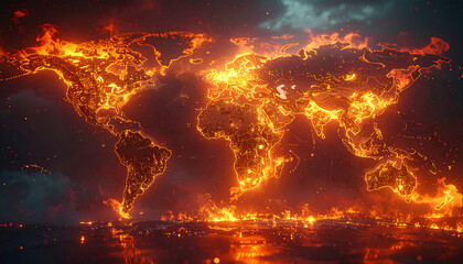 Global map ablaze with fiery orange and yellow light emanating from continents and surrounding infernal flames