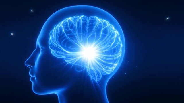 Glowing blue human brain animations thinking minds with bright light mental health concept