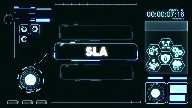 Futuristic S L A Service Level Agreement Interface with Neon Blue on Dark Background for Technology and Business Presentations