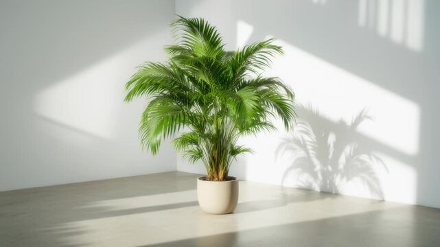 Areca Palm Plant Thriving in Minimalist Room with Sunlight and Shadows