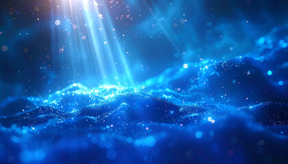Glowing blue abstract landscape with undulating terrain, sparkling particles, and bright light rays from above
