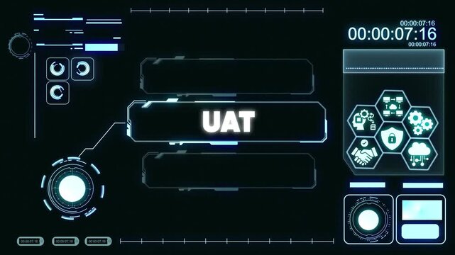 Futuristic U A T User Acceptance Testing Interface with Neon Blue H U D on Black Background for Technology and Software Development