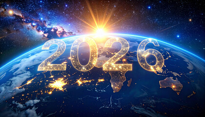 Glowing Golden Year 2026 Numbers Hovering Over a Detailed Earth Globe at Sunrise with Starry Galaxy Background and