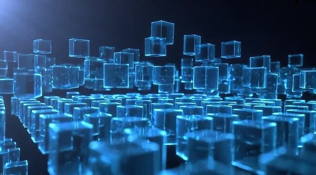 Blue glowing transparent cubes forming a vast abstract digital grid structure with some floating above a dark background showcasing futuristic technology concepts