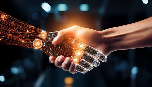main humaine serrant la main drun robot futuriste noir avec circuits lumineux orange concept de confiance et collaboration entre lrintelligence humaine et artificielle