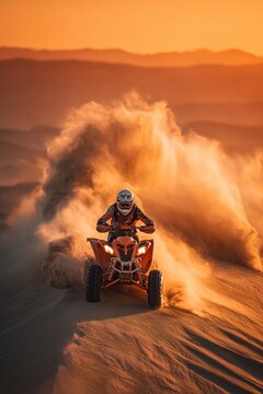 Powerful quad bike charging through mud and rocks under dramatic sky, capturing speed, control, and fearless outdoor lifestyle