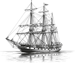 Fototapeta premium Majestic yacht sailing ship with large sails, cruising on the ocean waves, drawn in an engraved, woodcut style sketch engraving vector illustration. Scratch board. Transparent background EPS version.