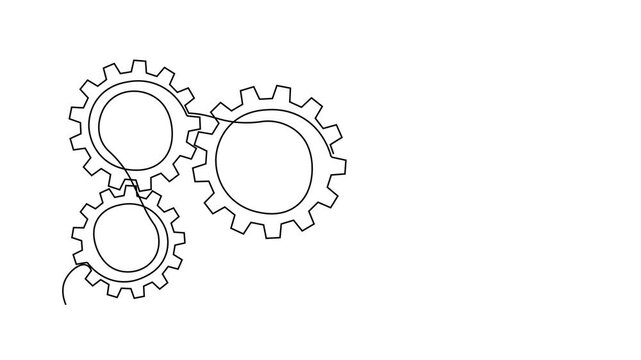 Gear line continuous art one icon cog work business factory wheel. Continuous gear line outline vector setting computer cogwheel technology sketch drawing science stroke machine brain background.