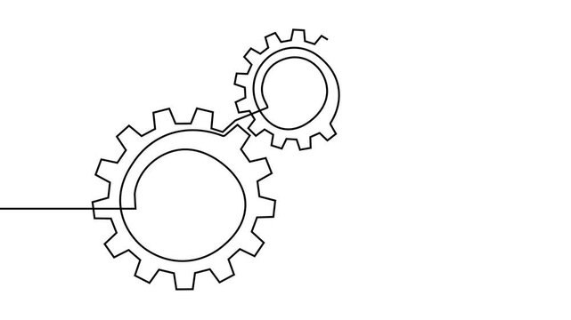 Gear line continuous art one icon cog work business factory wheel. Continuous gear line outline vector setting computer cogwheel technology sketch drawing science stroke machine brain background.