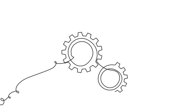 Gear line continuous art one icon cog work business factory wheel. Continuous gear line outline vector setting computer cogwheel technology sketch drawing science stroke machine brain background.
