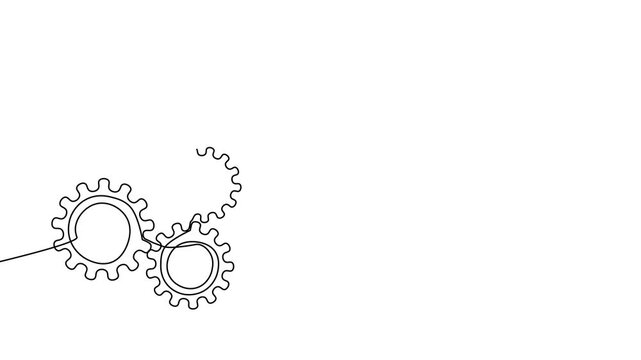 Gear line continuous art one icon cog work business factory wheel. Continuous gear line outline vector setting computer cogwheel technology sketch drawing science stroke machine brain background.