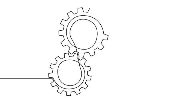 Gear line continuous art one icon cog work business factory wheel. Continuous gear line outline vector setting computer cogwheel technology sketch drawing science stroke machine brain background.