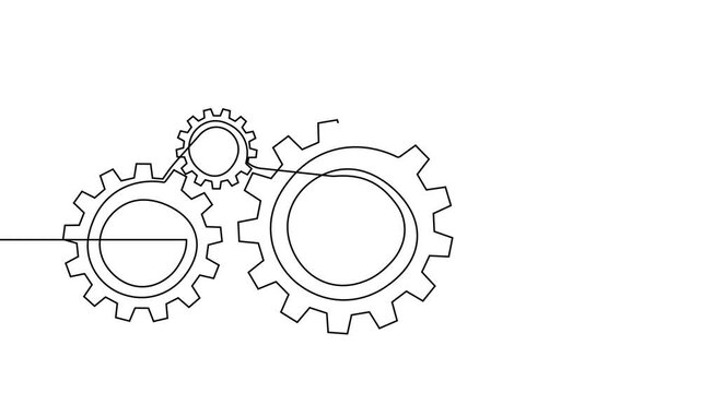Gear line continuous art one icon cog work business factory wheel. Continuous gear line outline vector setting computer cogwheel technology sketch drawing science stroke machine brain background.