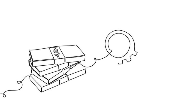 Gear line continuous art one icon cog work business factory wheel. Continuous gear line outline vector setting computer cogwheel technology sketch drawing science stroke machine brain background.
