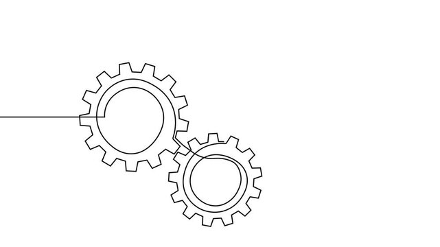 Gear line continuous art one icon cog work business factory wheel. Continuous gear line outline vector setting computer cogwheel technology sketch drawing science stroke machine brain background.