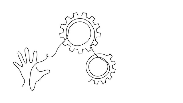 Gear line continuous art one icon cog work business factory wheel. Continuous gear line outline vector setting computer cogwheel technology sketch drawing science stroke machine brain background.