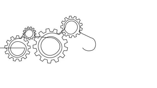 Gear line continuous art one icon cog work business factory wheel. Continuous gear line outline vector setting computer cogwheel technology sketch drawing science stroke machine brain background.