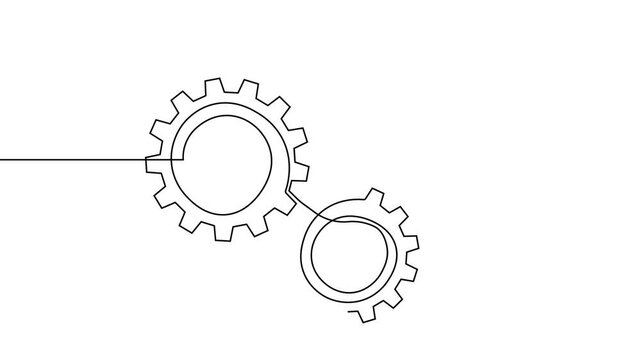 Gear line continuous art one icon cog work business factory wheel. Continuous gear line outline vector setting computer cogwheel technology sketch drawing science stroke machine brain background.