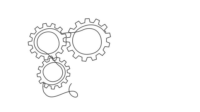 Gear line continuous art one icon cog work business factory wheel. Continuous gear line outline vector setting computer cogwheel technology sketch drawing science stroke machine brain background.