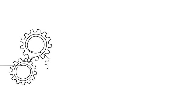 Gear line continuous art one icon cog work business factory wheel. Continuous gear line outline vector setting computer cogwheel technology sketch drawing science stroke machine brain background.