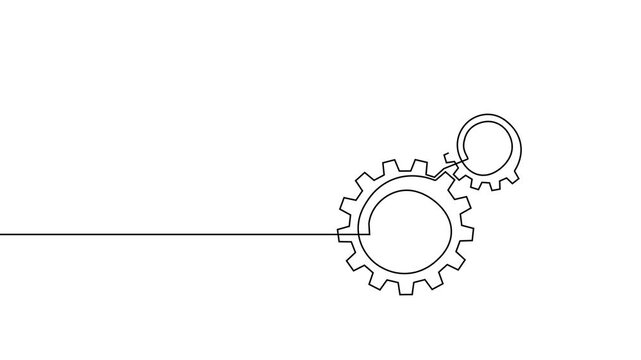 Gear line continuous art one icon cog work business factory wheel. Continuous gear line outline vector setting computer cogwheel technology sketch drawing science stroke machine brain background.