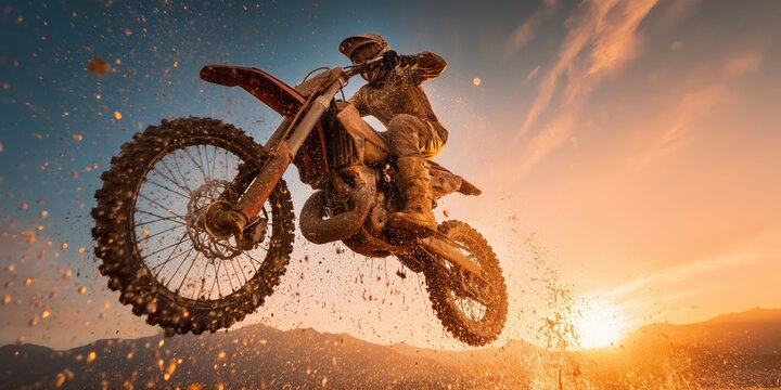 Motocross rider jumps a dirt bike at sunset, glowing dust trail, cinematic adventure sports action scene.