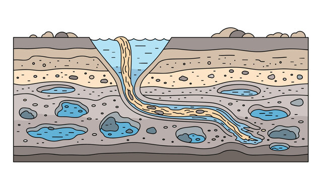Detailed geological cross-section showing groundwater flow through various soil layers and underground reservoirs for hydrology study.