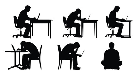 Silhouettes show poor posture while using a laptop.