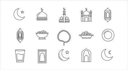 Collection of Islamic symbols and icons in minimalist line art style.