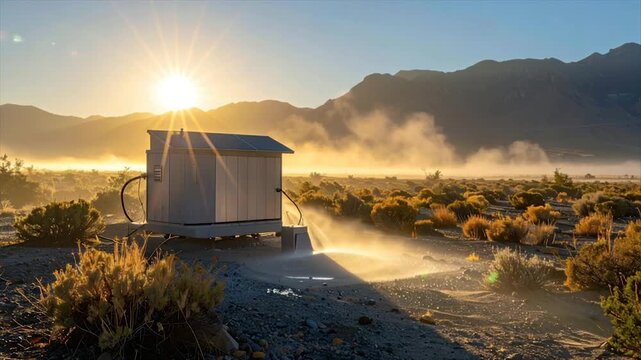 A desert scene features a solar-paneled structure with misted water; mountains and sun