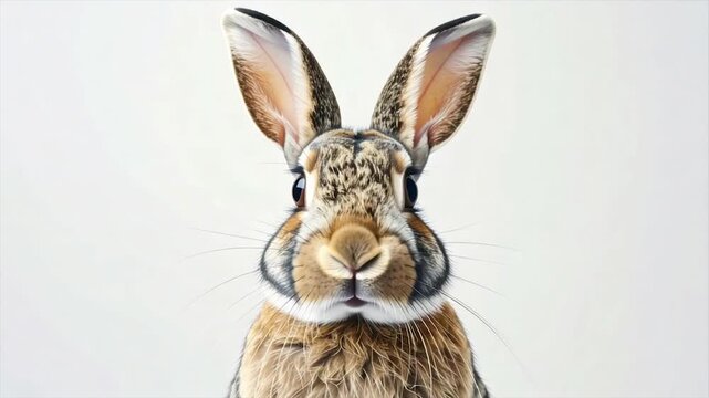 A detailed headshot of a rabbit with large ears and inquisitive eyes against a white background