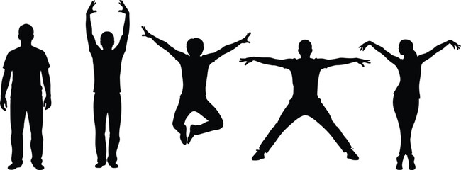 Fototapeta premium Black silhouettes of people in different poses including standing jumping and dancing isolated on white background for creative design vector illustration and graphic projects