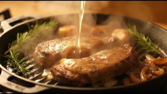 Close-up of delicious beef steaks sizzling and basting in a hot cast iron pan