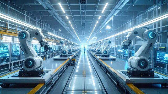 Futuristic factory interior with rows of robotic arms and a person walking towards bright light
