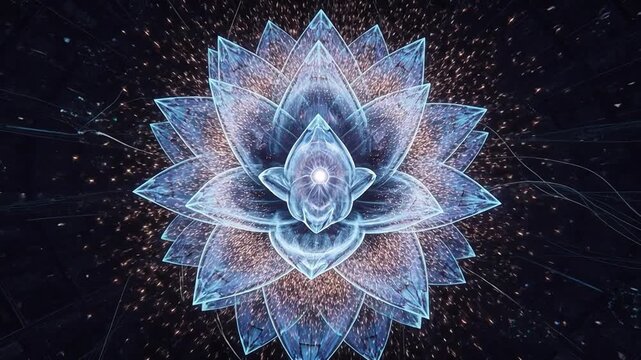 Glowing crystalline blue lotus symbol in a complex dark futuristic data grid environment