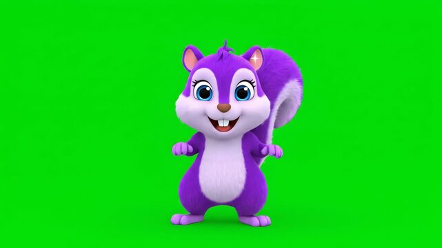 Cute purple cartoon squirrel character standing and smiling on green screen