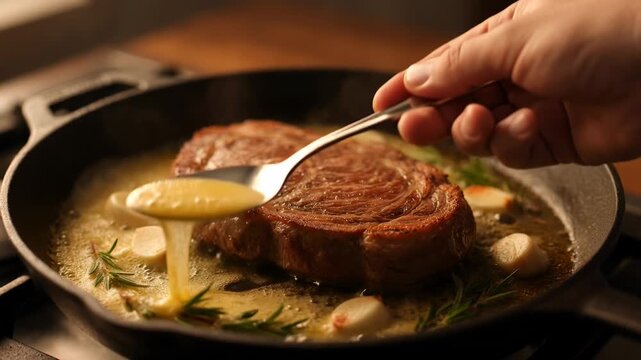 Sizzling ribeye steak basting with butter and herbs in a cast iron pan